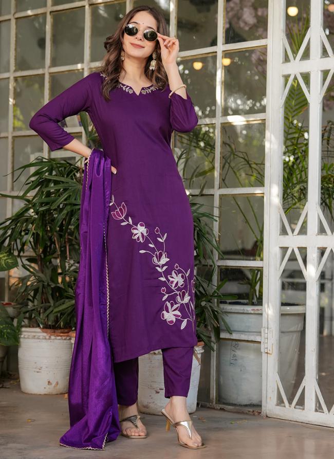 Viscose Rayon Purple Daily Wear Embroidery Work Readymade Straight Suit